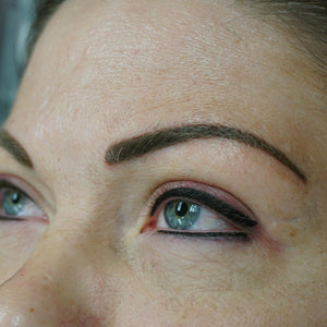 Permanent makeup eyebrow results created with a 50 percent Mochaccino and 50 percent Soft FX pigment blend.
