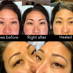 Permanent makeup brow results using a 70 percent Cashmere and 30 percent Soft FX pigment blend, shown before, immediately after, and fully healed.