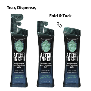 After Inked NPJ Tuck and Tear multipurpose non-petroleum jelly packets for tattoo and PMU aftercare, enriched with grape seed oil for healing and skin protection.