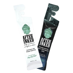 After Inked aftercare combo pack with lotion pillow pack and non-petroleum jelly packet.