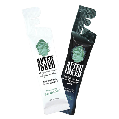After Inked aftercare combo pack with lotion pillow pack and non-petroleum jelly packet.