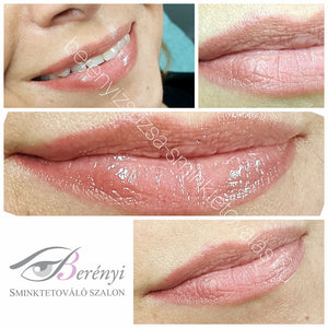 Before and after collage of lip blush results using Apricot 50 and Hawaiian Punch 50 pigments by artist Zsuzsanna Berényi, showing soft pink healed lips with natural sheen and improved definition