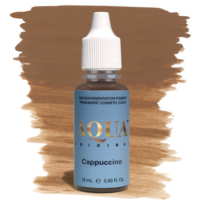 Aqua Cappuccino PMU pigment bottle with brown swatch – medium, warm-toned eyebrow pigment ideal for soft, natural brow results on light to medium skin tones.
