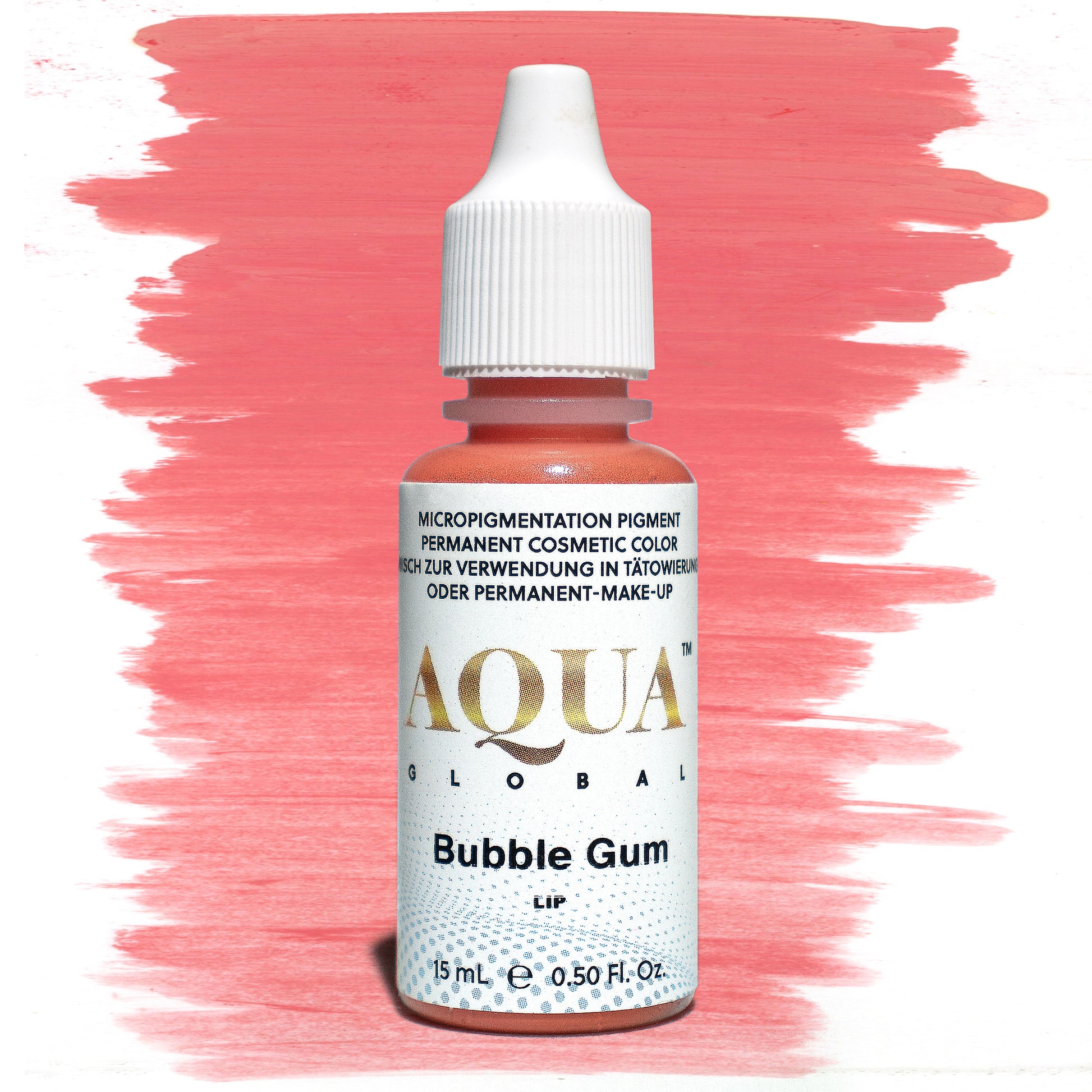 Bottle of Aqua Global Bubble Gum lip micropigmentation pigment with a pink brushstroke swatch on a white background, ideal for permanent makeup lip blush.