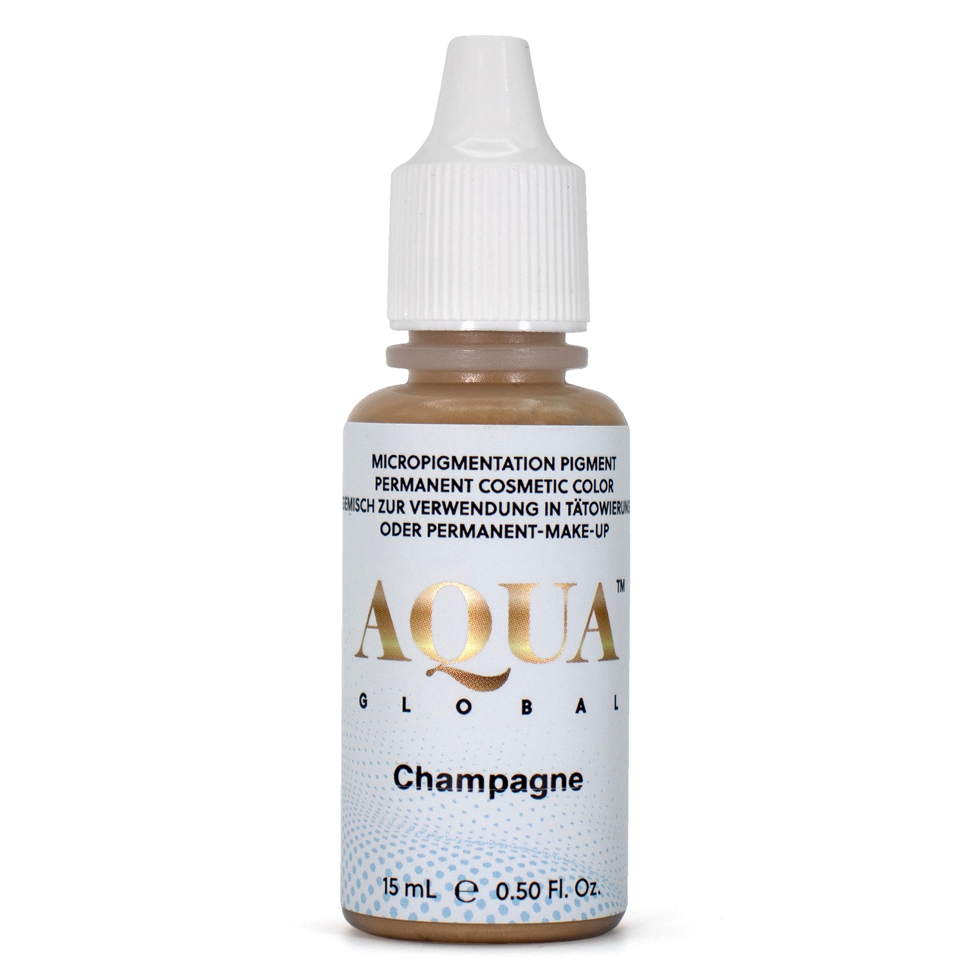 Aqua Global Champagne pigment bottle for permanent makeup. Light warm blonde tone perfect for clients with fair hair.