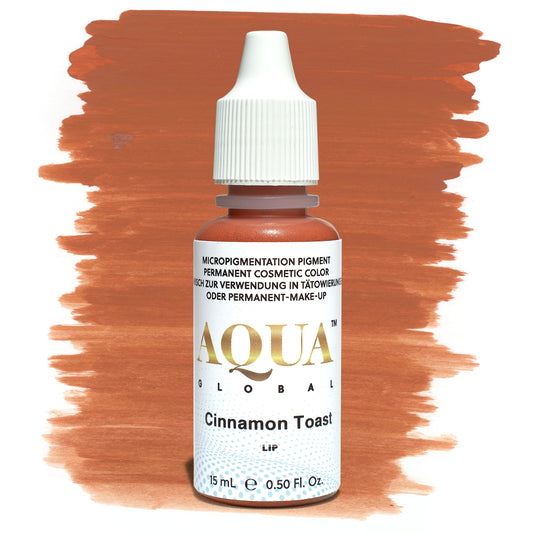 Bottle of Aqua Global Cinnamon Toast lip micropigmentation pigment shown with a warm brown swatch on a white background, ideal for permanent makeup artists.