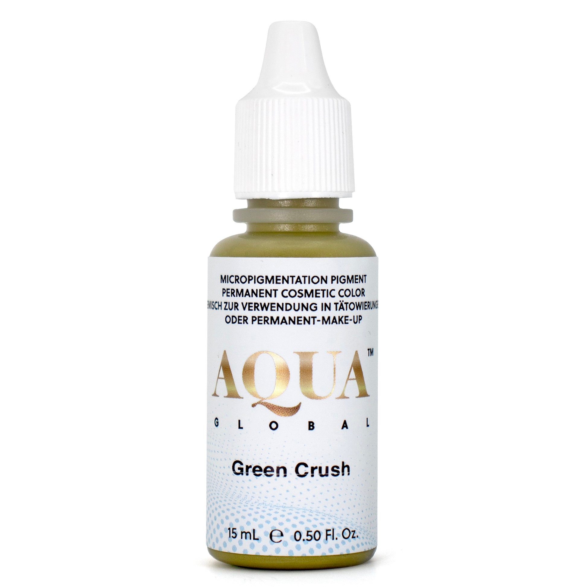 Aqua Global Green Crush pigment corrector bottle used to cancel out red, orange, or pink undertones in permanent makeup.

