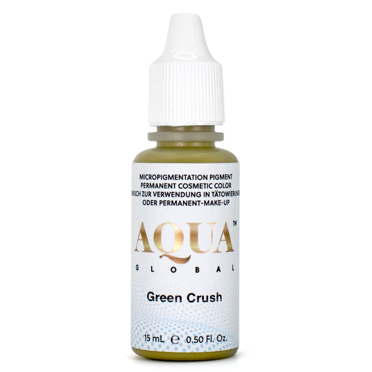 Aqua Global Green Crush pigment corrector bottle used to cancel out red, orange, or pink undertones in permanent makeup.

