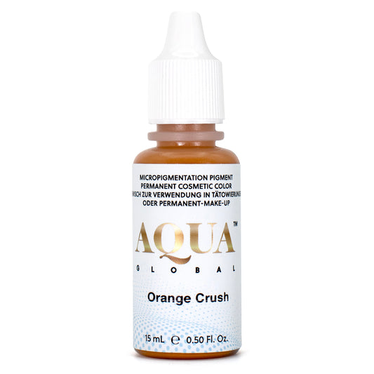 Global Orange Crush corrector pigment bottle for correcting gray, blue, or ashy brows in PMU procedures.

