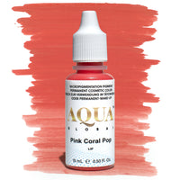 Bottle of Aqua Global Pink Coral Pop PMU lip pigment with a coral pink brushstroke background. Bright, warm coral permanent makeup pigment ideal for lively lip blush results.