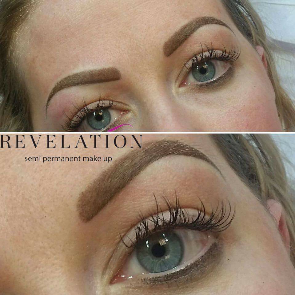 Close-up of powder brows created using Aqua Hazelnut and Gray Vanish pigments, applied with a single needle by Bryony Fay Parry. The healed brows show a soft, neutral brown tone with cool balance and smooth saturation, perfect for clients wanting natural, defined results.