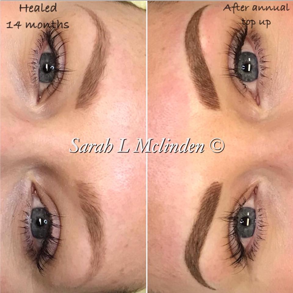 Side-by-side comparison showing Aqua Original Hazelnut pigment on brows, 14 months healed versus after an annual top-up. Work by Sarah L. McLinden demonstrating the pigment’s long-lasting, natural brown tone and soft fade retention in permanent makeup
