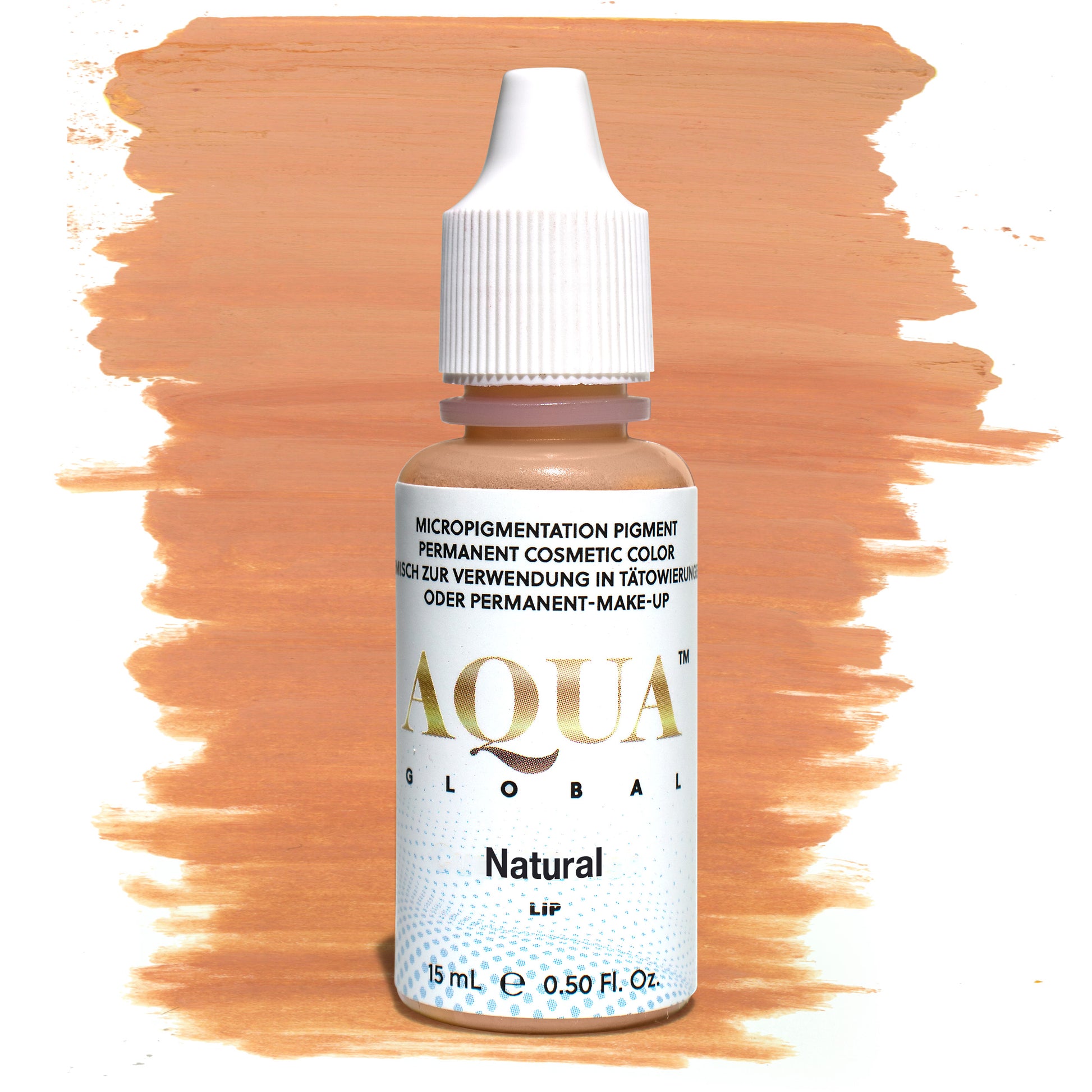 Product photo of Aqua Global Natural pigment bottle with a warm peach swatch background. A neutral peachy-nude lip pigment ideal for clients wanting a soft, natural enhancement. Part of the Aqua Lip collection by Girlz Ink, perfect for permanent makeup and lip blush procedures.
