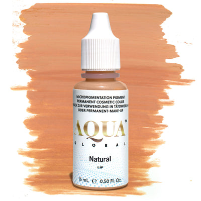 Product photo of Aqua Global Natural pigment bottle with a warm peach swatch background. A neutral peachy-nude lip pigment ideal for clients wanting a soft, natural enhancement. Part of the Aqua Lip collection by Girlz Ink, perfect for permanent makeup and lip blush procedures.