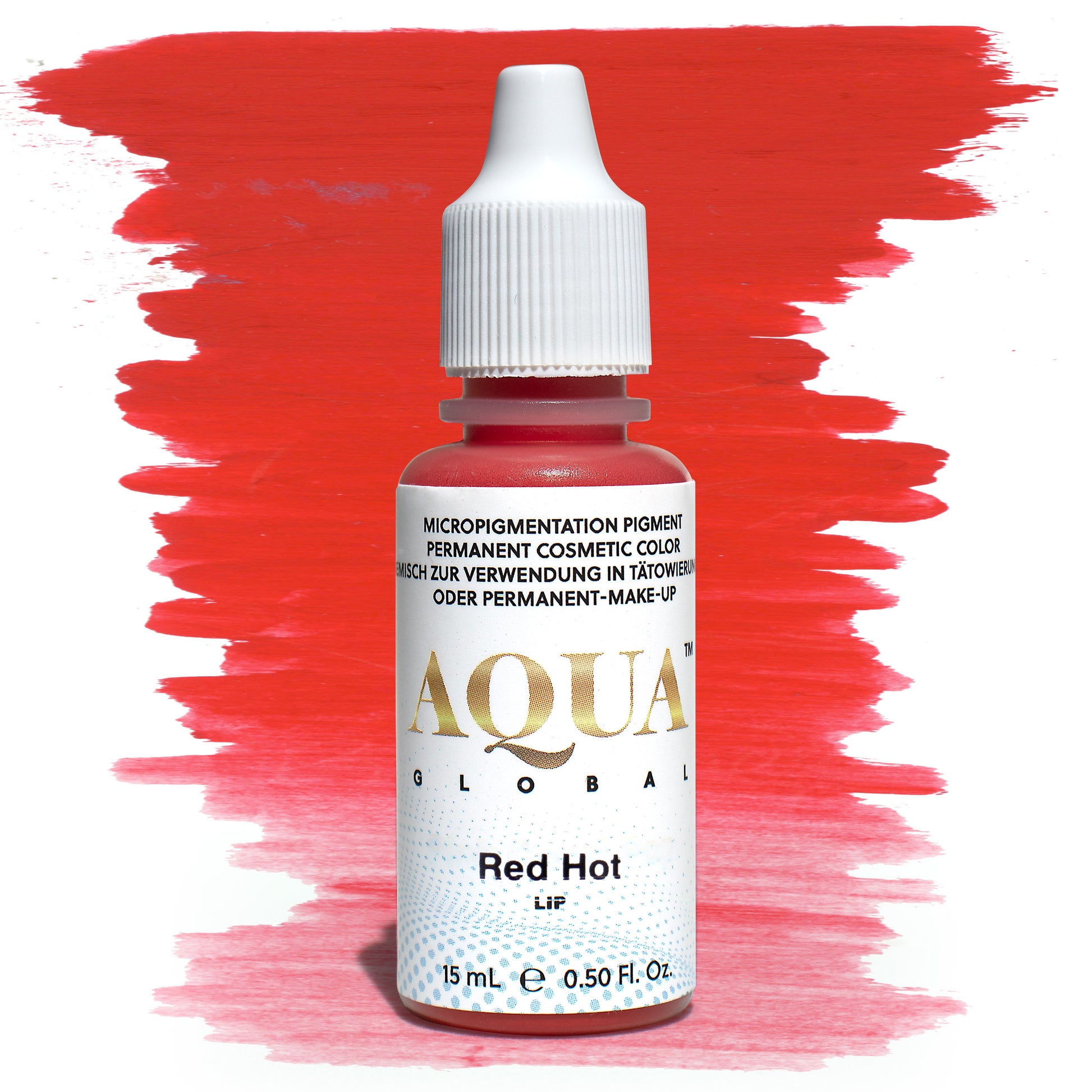 Product photo of Aqua Global Red Hot pigment bottle with a vivid red swatch background. A bold, warm red lip pigment with orange undertones designed for permanent makeup and lip blush artists. Highly saturated formula from the Aqua Lip collection by Girlz Ink.