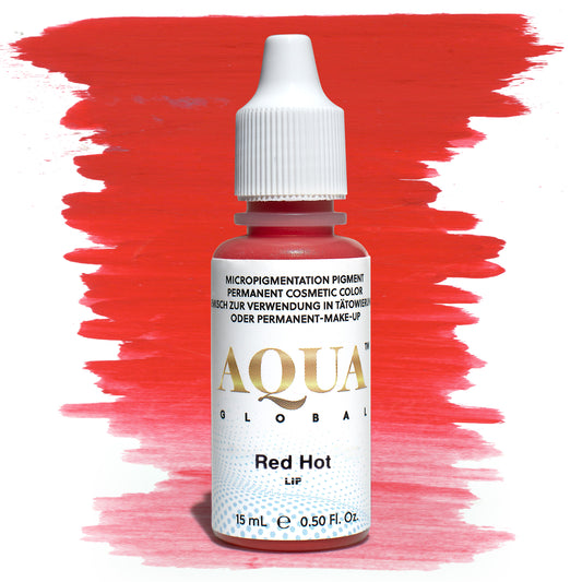 Product photo of Aqua Global Red Hot pigment bottle with a vivid red swatch background. A bold, warm red lip pigment with orange undertones designed for permanent makeup and lip blush artists. Highly saturated formula from the Aqua Lip collection by Girlz Ink.