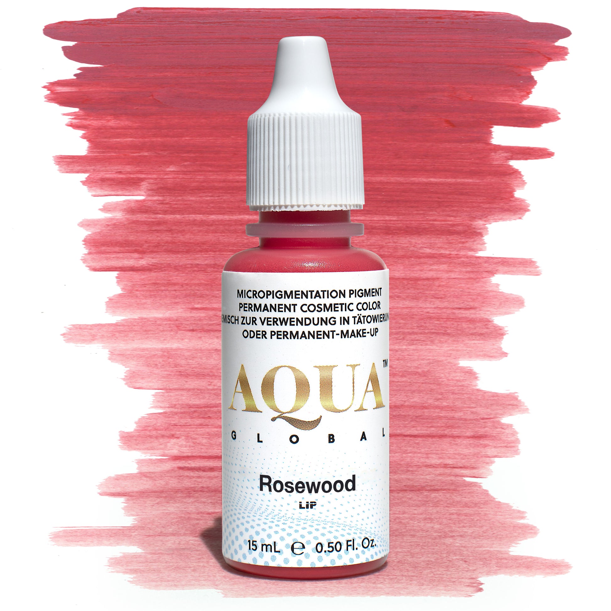Close-up of an Aqua Global Rosewood pigment bottle with a deep rose-pink swatch in the background. A rich, cool-toned lip pigment designed for permanent makeup and lip blush procedures, part of the Aqua Lip collection by Girlz Ink.