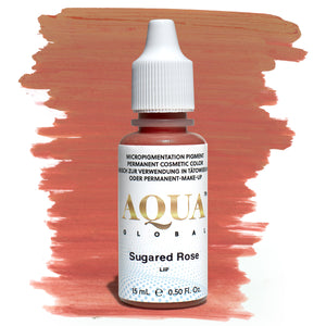 Close-up of an Aqua Global Sugared Rose pigment bottle displayed in front of a coral lip color swatch. A warm, medium coral-pink permanent makeup pigment designed for lip blush and micropigmentation procedures, part of the Aqua Lip pigment line by Girlz Ink.