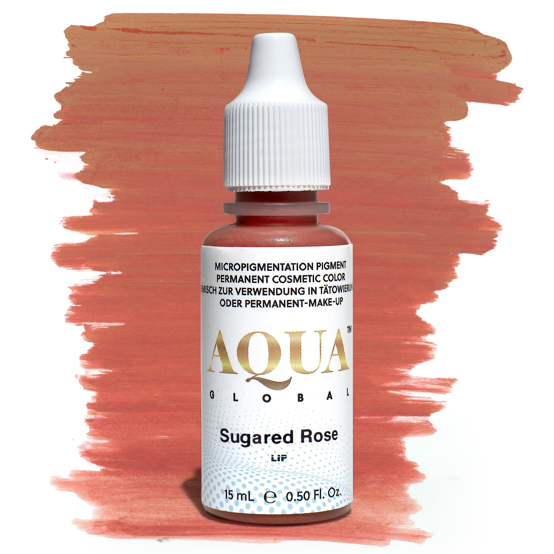 Close-up of an Aqua Global Sugared Rose pigment bottle displayed in front of a coral lip color swatch. A warm, medium coral-pink permanent makeup pigment designed for lip blush and micropigmentation procedures, part of the Aqua Lip pigment line by Girlz Ink.