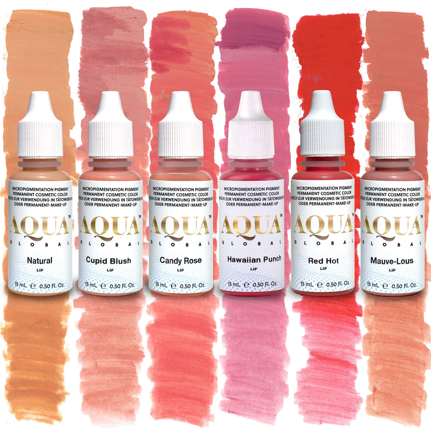 Six bottles of Aqua Global lip pigments from Teryn’s Favorite Lip Kit displayed with color swatches behind each shade. Includes Natural, Cupid Blush, Candy Rose, Hawaiian Punch, Red Hot, and Mauve-Lous—professional PMU pigments for lip blush and permanent makeup artists.