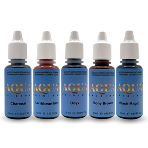 Five Aqua PMU pigments for permanent makeup procedures — Charcoal, Caribbean Mod, Onyx, Ebony Brown, and Black Magic — displayed in 15ml bottles, ideal for artists looking for high-quality PMU supplies.