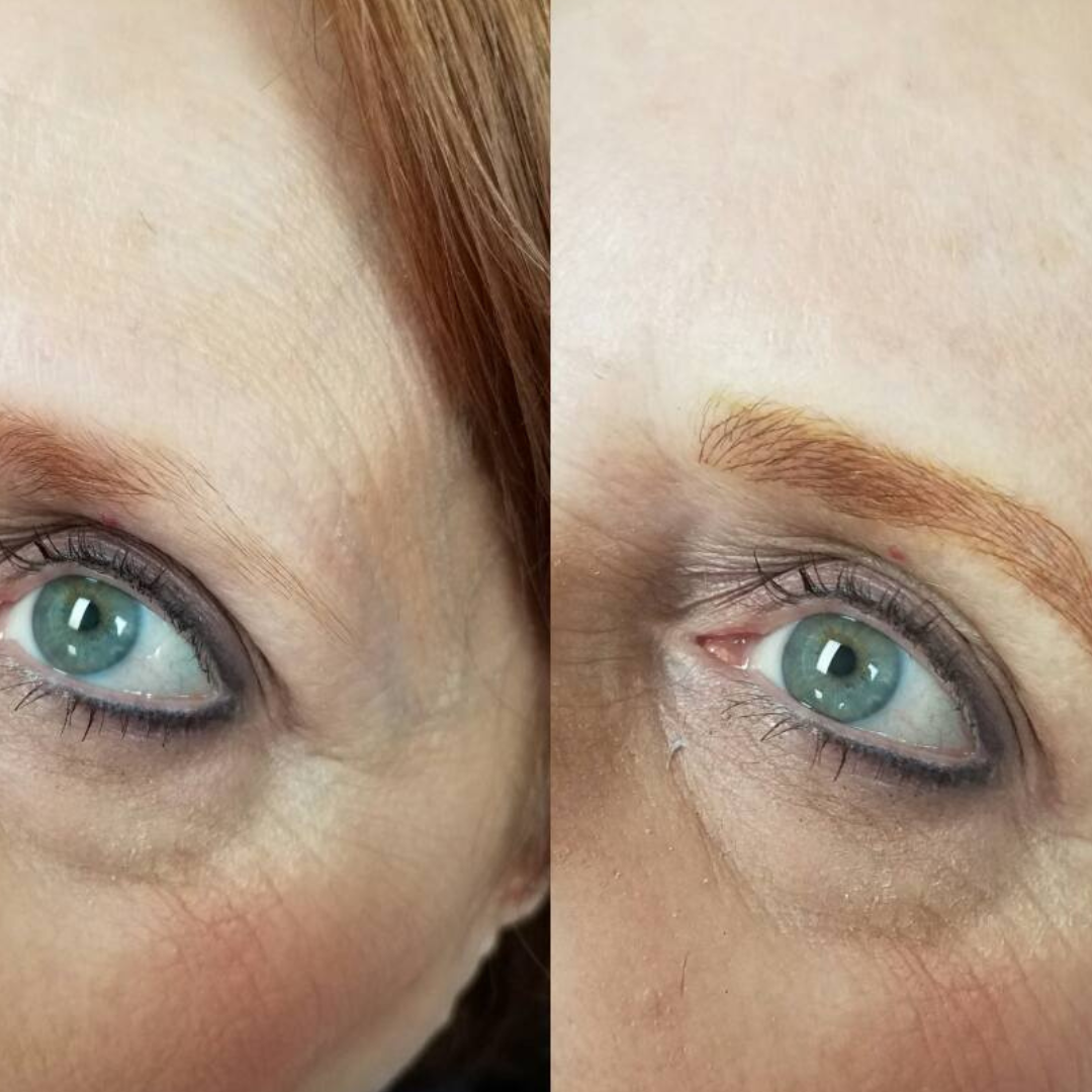 Before and after image showing healed eyebrows created with Autumn Gold from the Li Pigments Aqua collection by Mary Spence. The pigment provides a soft, warm golden tone ideal for blonde and redhead clients seeking natural-looking permanent makeup brows.