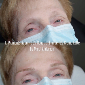 Before and after photo of healed eyebrows created with a 90% Beautiful Blonde and 10% Crème Latte mix from the Li Pigments Aqua collection by Marci Anderson. This warm blonde blend enhances fair and mature clients with natural, soft definition and subtle warmth.