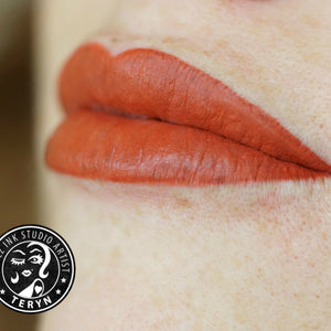 Healed PMU lip blush result using a custom mix of Li Pigments Berry Persistent with added Red Hot, showing a warm terracotta-red lip tone and soft, natural definition, performed by Teryn Darling.
