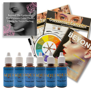 Beyond the Epidermis PMU pigment bundle featuring Aqua correction and eyebrow shades displayed with Teryn Darling’s color theory course materials, color wheel, correction guide, and promotional books for permanent makeup artists.