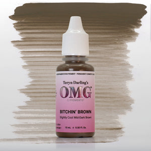 OMG Lip Pigments Bitchin’ Brown slightly cool mid-dark brown PMU pigment bottle displayed on a white background with matching swatch.