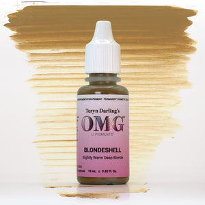 OMG Lip Pigments Blondshell slightly warm deep blonde PMU pigment bottle displayed on a white background with matching swatch.