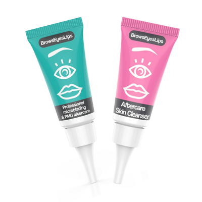 BrowsEyesLips PMU Aftercare Duo – professional microblading and PMU aftercare set featuring Aftercare Skin Cleanser and Healing Balm for brows, eyeliner, and lips. Promotes clean, hydrated, and beautifully healed results.
