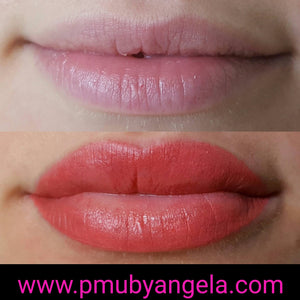 Before and healed permanent makeup lip results using Bubble Gum pigment by Girlz Ink.