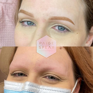 Healed PMU brows using Buckskin with Cowgirl pigments, soft light brown permanent makeup eyebrow results after healing, created by artist Paige Spear