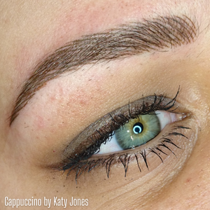Close-up of a healed eyebrow created with Cappuccino from the Li Pigments Aqua collection by artist Katy Jones. The pigment produces a soft light brown tone with neutral undertones, ideal for clients with fair to medium skin tones seeking natural permanent makeup brows.
