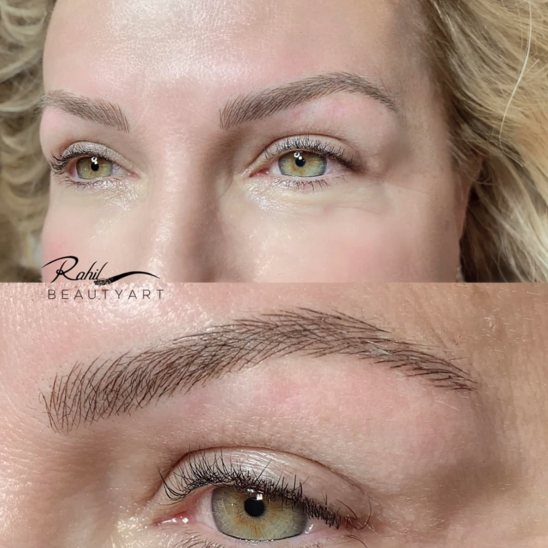 Before and after comparison showing healed brows created with Cappuccino from the Li Pigments Aqua collection by Rahil Beautyart. The pigment gives a soft, natural light brown finish ideal for blonde or fair-skinned clients seeking subtle enhancement.