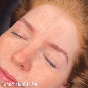 Close-up of healed eyebrows created with Cappuccino from the Li Pigments Aqua collection by artist Siham Aber. The pigment delivers a soft light brown tone with a neutral finish, perfect for clients with fair or warm skin tones seeking natural permanent makeup results.