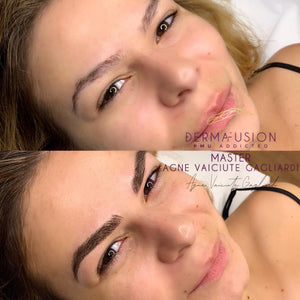 Before and after photo showing a client’s brow transformation using Chocolate Truffle pigment from the Li Pigments Aqua collection, work by PMU master Agne Vaiciute Cagliardi featuring natural medium-brown tone and smooth healed results.