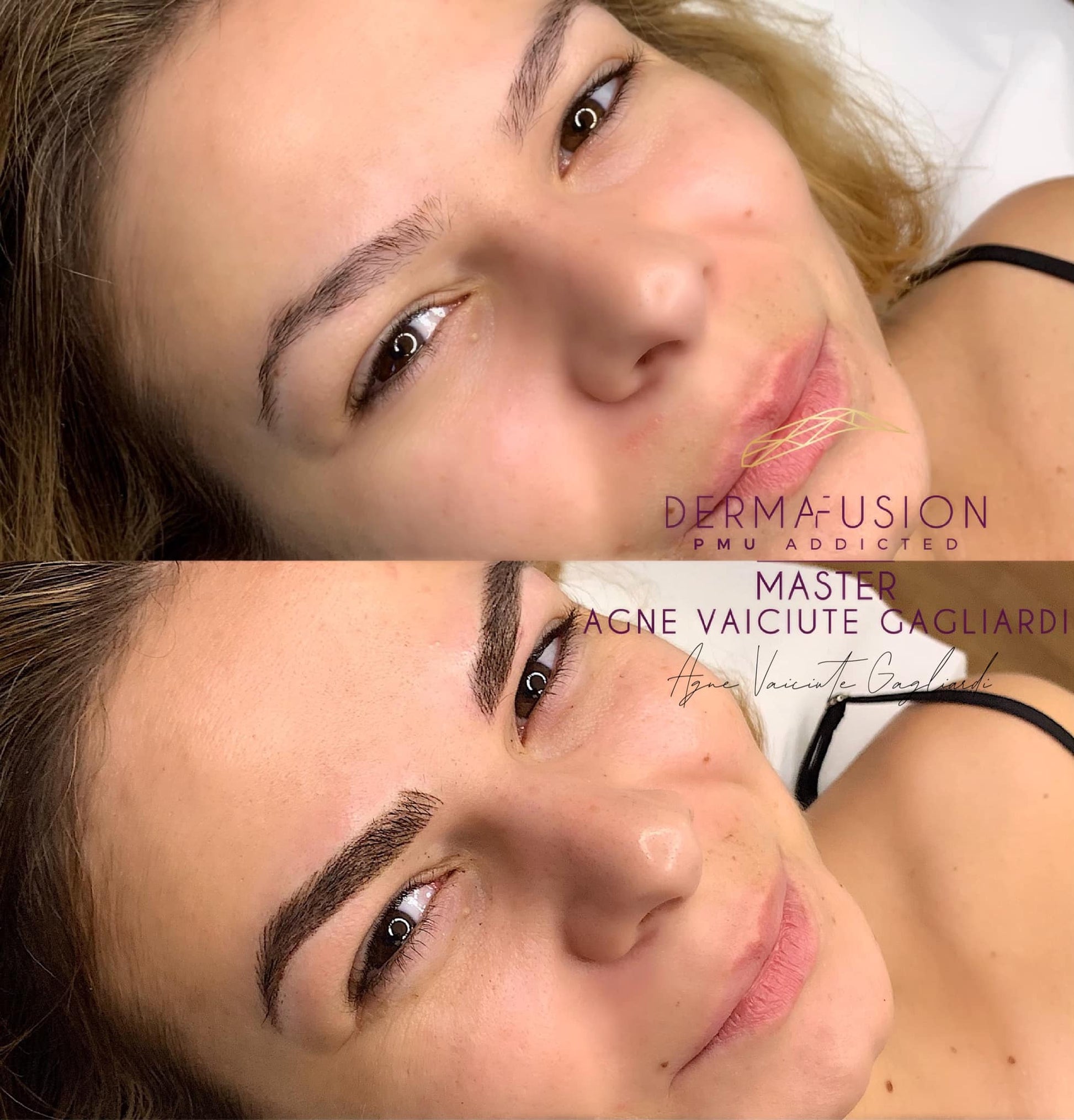 Before and after photo showing a client’s brow transformation using Chocolate Truffle pigment from the Li Pigments Aqua collection, work by PMU master Agne Vaiciute Cagliardi featuring natural medium-brown tone and smooth healed results.