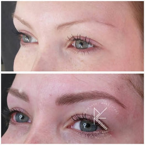 Before and after comparison showing a client’s eyebrow transformation using Chocolate Truffle pigment from the Li Pigments Aqua collection, work by PMU artist Reut Ellis Ben Hamo featuring soft neutral brown tones and realistic hair-stroke results.