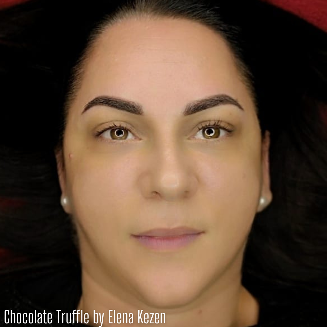Close-up of healed eyebrows created using Chocolate Truffle pigment from the Li Pigments Aqua collection, work by Elena Kezen showing smooth color retention, balanced undertones, and natural healed PMU brow results.