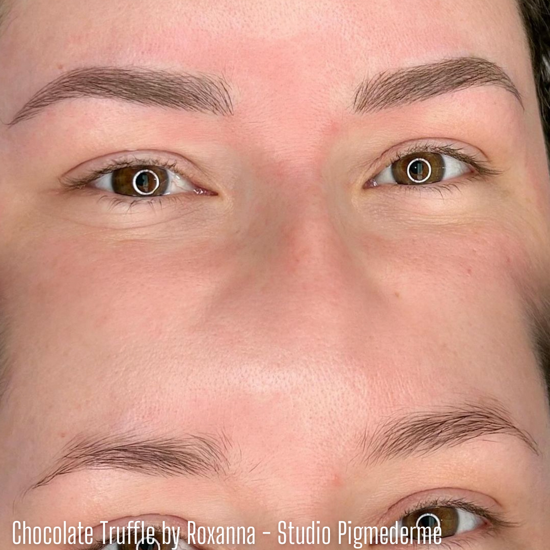 Close-up of healed brows created using Chocolate Truffle pigment from the Li Pigments Aqua collection, work by Roxanna of Studio Pigmederme showing soft, natural brown tones and smooth healed color retention.