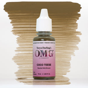 OMG Lip Pigments Coco Teese neutral mid-brown PMU pigment bottle displayed on a white background with matching swatch.