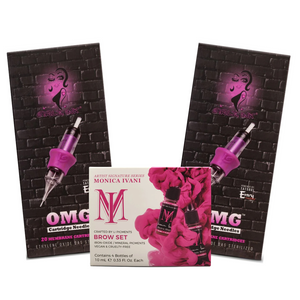Girlz Ink PMU course featured image showing OMG cartridge needles and a brow pigment set