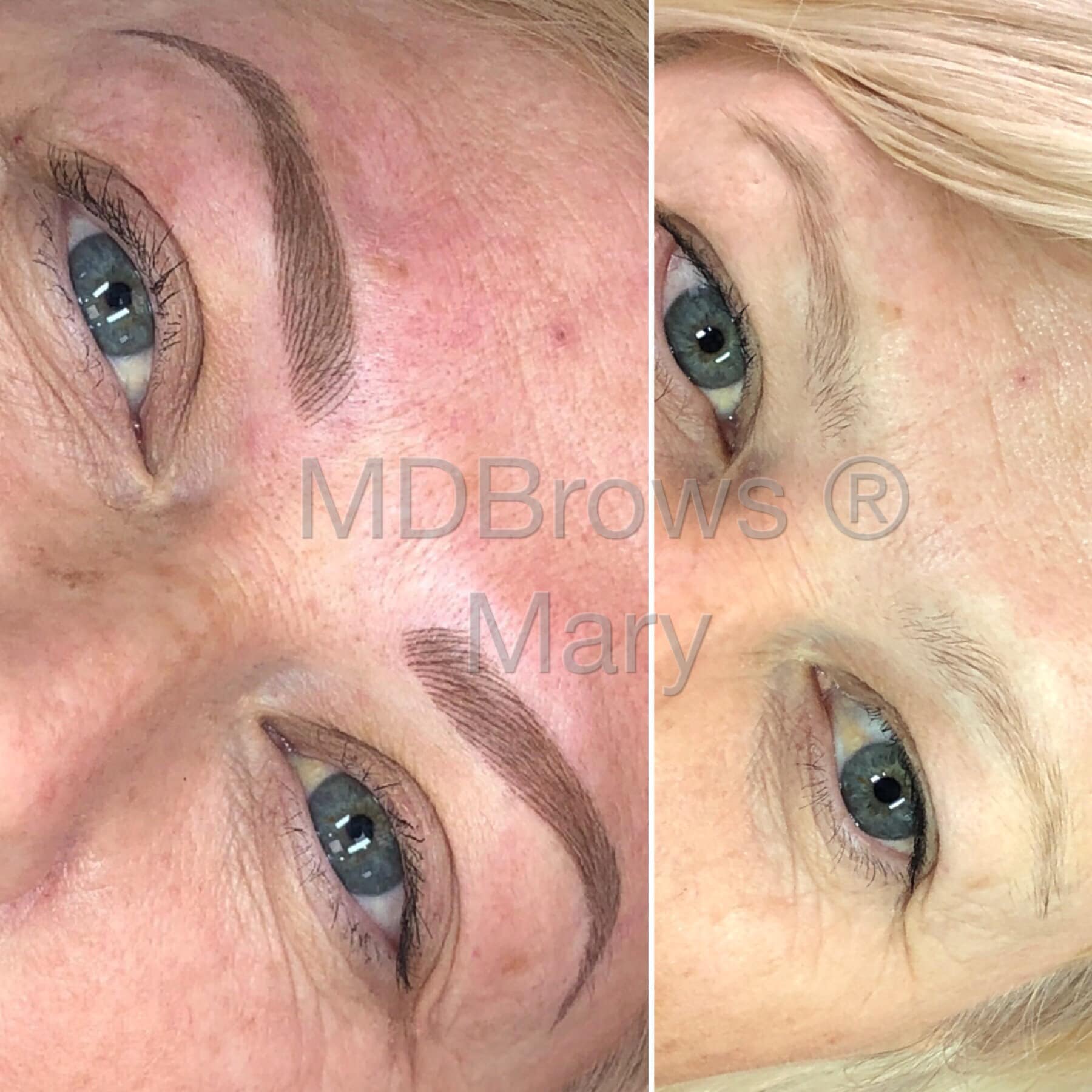 Before and after photo showing brows corrected using Crème Latte with a touch of Gray Vanish from the Li Pigments Aqua collection by Mary Spence. This combination neutralizes cool or ashy tones while creating soft, natural permanent eyebrows ideal for mature or fair-skinned clients.