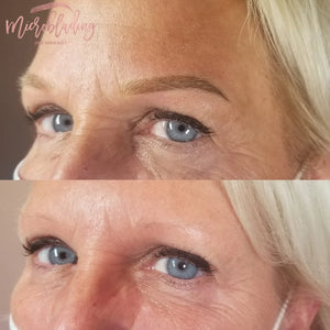 Before and after photos showing blonde eyebrows microbladed with Creme Latte pigment by Jade Huneault, demonstrating soft natural healed results.