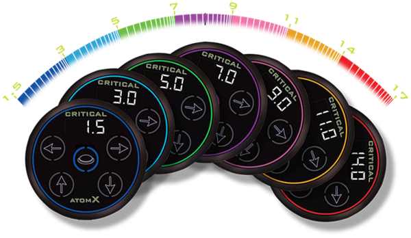 Critical AtomX Power Supply – digital PMU and tattoo power unit with color-coded voltage display from 1.5V to 17V. Compact, magnetic base design provides smooth, consistent power for professional PMU and tattoo machines.

