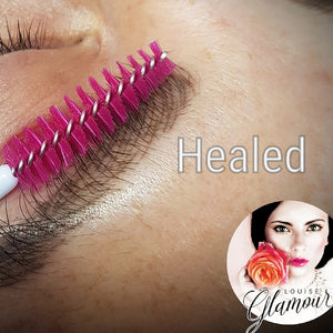 Healed PMU brows showing Dark Toffee pigment results, natural brown permanent makeup brows after healing, performed by artist Kacey Louise using professional PMU pigments.