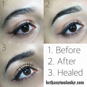 Three-stage before, after, and healed comparison showing results achieved with Dark Toffee from the Li Pigments Aqua collection. Created by PMU artist Bethany Wolosky, this pigment heals into a balanced, rich medium-brown tone ideal for natural, lasting results.