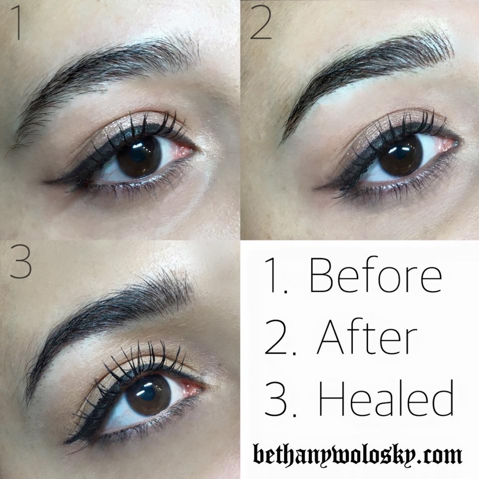 Three-stage before, after, and healed comparison showing results achieved with Dark Toffee from the Li Pigments Aqua collection. Created by PMU artist Bethany Wolosky, this pigment heals into a balanced, rich medium-brown tone ideal for natural, lasting results.